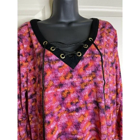 August Silk Top Womens Size XL Long Sleeve Purple Pink Coral Black Stretch Rayon - Picture 3 of 9
